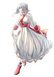  1girl back_bow bow breasts closed_mouth dress earrings grey_hair highres jewelry long_dress long_sleeves medium_breasts necktie older pointy_ears profile red_eyes red_footwear red_neckwear red_sash remilia_scarlet sash shoes shukusuri simple_background skirt_hold solo touhou white_background white_dress 