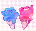  alternate_color checkered checkered_background closed_mouth commentary creature ditto english_commentary food full_body gen_1_pokemon highres ice_cream no_humans pokemon pokemon_(creature) shiny_and_normal shiny_pokemon signature smile sprinkles 