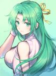  1girl bare_arms blush breasts commentary eyebrows_visible_through_hair gradient gradient_background green_background green_eyes green_hair hair_ribbon highres higurashi_no_naku_koro_ni large_breasts long_hair looking_at_viewer looking_back nerune_j ribbed_sweater ribbon simple_background sleeveless_sweater smile solo sonozaki_shion sweater twitter_username upper_body white_sweater wrist_cuffs yellow_ribbon 