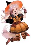  1girl :d black_capelet black_choker bow braid brown_gloves capelet choker collarbone dress fangs floating_hair full_body fur-trimmed_gloves fur-trimmed_sleeves fur_trim gloves halloween_costume hat highres legs_up long_hair mayumura_basako myuri_(spice_and_wolf) open_mouth orange_dress orange_headwear red_bow red_eyes shiny shiny_hair short_sleeves silver_hair simple_background smile solo spice_and_wolf striped striped_legwear thigh-highs twin_braids very_long_hair white_background witch witch_hat zettai_ryouiki 