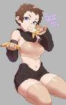  1girl 2021 agawa_ryou banana blue_eyes brown_hair brown_legwear commentary dated detached_sleeves english_commentary food fruit grey_background looking_at_viewer navel original short_hair signature simple_background solo thigh-highs 