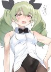  1girl absurdres anchovy_(girls_und_panzer) bangs bare_arms bare_shoulders black_bow black_leotard black_neckwear black_ribbon blush bow bowtie breasts brown_legwear dorontabi eyebrows_visible_through_hair fang from_below girls_und_panzer green_hair hair_ribbon hand_on_hip highleg highleg_leotard highres leotard leotard_under_clothes long_hair looking_at_viewer looking_down open_mouth pantyhose red_eyes ribbon shirt simple_background sleeveless sleeveless_shirt small_breasts solo sweat twintails white_background white_shirt 