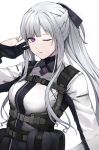  1girl absurdres ak-12_(girls_frontline) ammunition_pouch bangs braid collared_shirt commentary_request eyebrows_visible_through_hair french_braid girls_frontline gloves hair_ribbon high_ponytail highres long_hair looking_at_viewer one_eye_closed parted_lips partially_fingerless_gloves pouch ribbon saiun_sigma shirt sidelocks silver_hair strap tactical_clothes very_long_hair violet_eyes white_background 