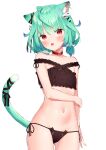  1girl :o animal_ears animal_print arm_across_waist ass_visible_through_thighs bare_shoulders black_bra black_panties bra breasts cat_ears cat_girl cat_panties cat_print cat_tail collar collarbone commentary_request cowboy_shot fang grabbing_own_arm green_hair hair_ornament highres hololive k_mugura looking_at_viewer navel panties print_panties red_eyes short_hair simple_background skin_fang skull_hair_ornament small_breasts solo stomach tail underwear uruha_rushia virtual_youtuber white_background 
