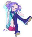  1girl :d absurdres aikatsu!_(series) aikatsu_planet! aqua_jacket black_footwear blonde_hair blush boots collared_shirt colored_shadow commentary crossed_legs forehead full_body highres idol jacket knees_up long_hair looking_at_viewer multicolored_hair nail_polish open_mouth purple_hair purple_nails red_shorts ruri_(aikatsu_planet!) shadow shirt shorts simple_background sitting sketch sleeveless smile solo streaked_hair tamaki_ruri thigh-highs thigh_boots tomatomagica twintails waving white_background wrist_cuffs 