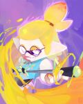 blonde_hair bluumi commentary domino_mask english_commentary glasses grin high_ponytail holding inkling mask nail_polish pointy_ears ponytail signature smile solo splatoon_(series) splatoon_2 tentacle_hair upper_body violet_eyes 