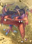  arm_support blurry claws commentary_request day gen_5_pokemon highres krookodile no_humans open_mouth outdoors pokemon pokemon_(creature) sand sharp_teeth solo spareribs teeth tongue violet_eyes 