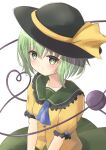  1girl absurdres bangs blush breasts closed_mouth eyeball eyebrows_visible_through_hair frills green_eyes green_hair hair_between_eyes hat hat_ribbon heart heart_of_string highres kirikaze_ren komeiji_koishi looking_at_viewer pout ribbon short_hair short_sleeves simple_background skirt small_breasts solo third_eye touhou wavy_hair white_background yellow_ribbon 