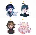  2boys 2girls :d ahoge akiko_141 annoyed bangs bare_shoulders black_hair black_jacket blonde_hair blush braid brown_eyes brown_hair checkered checkered_scarf closed_eyes commentary copyright_request cropped_shoulders dangan_ronpa_(series) dangan_ronpa_v3:_killing_harmony emoji fangs fate_(series) hair_between_eyes hand_up highres illyasviel_von_einzbern jacket long_hair looking_at_viewer multiple_boys multiple_girls necktie open_mouth ouma_kokichi pink_eyes purple_hair saihara_shuuichi scarf shiny shiny_hair side_braid smile striped_jacket translation_request 