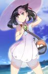  1girl arm_up asymmetrical_bangs bag bangs black_hair black_nails blush closed_mouth clouds collared_dress commentary_request cosplay day dress duffel_bag dusk_ball earrings eyelashes green_eyes hair_ribbon hat head_tilt highres holding holding_poke_ball jewelry lillie_(pokemon) lillie_(pokemon)_(cosplay) looking_at_viewer marnie_(pokemon) nail_polish outdoors poke_ball pokemon pokemon_(game) pokemon_swsh red_ribbon ribbon see-through shiny shiny_skin sky sleeveless sleeveless_dress solo standing sun_hat white_dress white_headwear yasu_suupatenin 