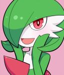  :d blush colored_skin commentary_request gardevoir gen_3_pokemon green_hair green_skin hair_over_one_eye hands_on_own_cheeks hands_on_own_face hands_up happy hospital_king looking_at_viewer multicolored multicolored_skin open_mouth pink_background pokemon pokemon_(creature) red_eyes short_hair simple_background smile solo two-tone_skin upper_body white_skin 