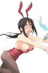  1girl animal_ears bangs black_hair black_legwear blush breasts brown_eyes bunny_tail cherry commentary_request constricted_pupils covered_navel cup detached_collar drinking_glass drinking_straw eyebrows_visible_through_hair fake_animal_ears fake_tail food frown fruit highres large_breasts leaning_forward leotard long_hair low_ponytail open_mouth original pantyhose playboy_bunny rabbit_ears red_leotard red_neckwear sidelocks simple_background solo spilling standing strapless strapless_leotard tail tray tripping white_background wrist_cuffs zekkyon 