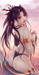  1girl ass bangs black_hair blurry blurry_background breasts earrings elbow_gloves fate_(series) gloves hoop_earrings ishtar_(fate) ishtar_(fate)_(all) jewelry lips looking_at_viewer looking_back medium_breasts neck_ring parted_bangs red_eyes single_elbow_glove solo soranamae two_side_up 