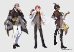  3boys aragami_ouga arurandis belt black_jacket brown_jacket collared_shirt earrings eyepatch food fruit green_eyes grey_neckwear hand_on_hip head_tilt heterochromia holostars horns jacket jewelry looking_back male_focus multiple_boys official_art orange orange_eyes plaid_jacket sample shirt single_horn suit_jacket violet_eyes virtual_youtuber watermark white_jacket white_shirt xia_(ryugo) yukoku_roberu 