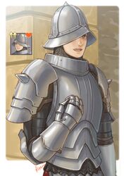  1boy arm_up armor brick_wall brown_eyes chainmail fire_emblem fire_emblem:_three_houses fire_emblem_heroes gatekeeper_(fire_emblem) heart helmet looking_to_the_side one_eye_covered open_mouth outdoors regan_(hatsumi) shoulder_armor smile upper_body 