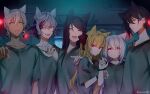  3boys 3girls :o absurdres animal_ears bangs black_hair blood bloody_clothes bow cat_ears claws crossed_bangs dark_skin dark_skinned_male ear_piercing earrings evil_smile eyebrows_visible_through_hair fangs fuwa_minato glowing glowing_eyes green_eyes green_hair gundou_mirei hair_between_eyes hair_bow highres ibrahim_(nijisanji) indoors jewelry long_hair looking_at_viewer mayuzumi_kai miyukiyo multicolored_hair multiple_boys multiple_girls nijisanji open_mouth parted_lips piercing pink_hair purple_hair red_bow redhead shiina_yuika short_hair slit_pupils smile streaked_hair swept_bangs takamiya_rion two-tone_hair very_long_hair violet_eyes virtual_youtuber white_hair 