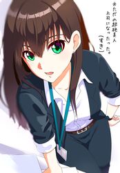  1girl belt brown_hair dress_shirt earrings green_eyes hand_on_hip highres id_card idolmaster idolmaster_cinderella_girls jacket jewelry lanyard long_hair office_lady open_clothes open_mouth pants paper shibuya_rin shiki_(0802makimari) shirt simple_background solo watch watch white_background white_shirt 