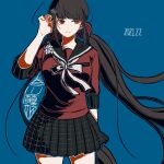  1girl bangs black_hair blue_background blunt_bangs breasts commentary_request cowboy_shot dangan_ronpa_(series) dangan_ronpa_v3:_killing_harmony dated eyebrows_visible_through_hair green_outline hair_ornament hairclip hand_in_hair hand_up harukawa_maki kiri_(2htkz) long_hair long_sleeves looking_at_viewer low_twintails miniskirt mole mole_under_eye outline plaid plaid_skirt pleated_skirt red_eyes red_scrunchie red_shirt school_uniform scrunchie serafuku shirt simple_background skirt smile solo standing translation_request twintails very_long_hair 