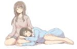  2girls absurdres barefoot betock blush brown_hair closed_eyes hand_on_another&#039;s_head highres lap_pillow long_hair multiple_girls original short_hair sketch white_background 