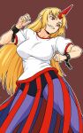 1girl bangs blonde_hair blue_skirt breasts brown_background cowboy_shot cuffs eyebrows_visible_through_hair highres horns hoshiguma_yuugi kakone large_breasts long_hair looking_to_the_side oni_horns open_mouth pointy_ears red_eyes shackles shirt short_sleeves simple_background single_horn skirt smile solo standing star_(symbol) striped striped_legwear teeth touhou white_shirt 