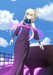 1girl aoki_hagane_no_arpeggio asymmetrical_hair bird blonde_hair blue_sky clouds commentary_request day dress hair_up instrument kongou_(aoki_hagane_no_arpeggio) lipstick long_dress looking_at_viewer makeup outdoors piano purple_dress purple_lipstick red_eyes side_ponytail sidelocks silvia_(nana) sky solo 
