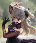  1girl :d arm_up bangs bare_shoulders bat_hair_ornament black_nails blonde_hair blurry blurry_background bow breasts commentary dress elbow_gloves eyepatch fischl_(genshin_impact) genshin_impact gloves green_eyes hair_ornament hair_over_one_eye hair_ribbon hand_up highres long_hair looking_at_viewer novcel open_mouth purple_bow ribbon small_breasts smile solo two_side_up upper_body upper_teeth 