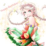  1girl ahoge birthday braid bug butterfly commentary_request detached_sleeves dress ebi_puri_(ebi-ebi) fire_emblem fire_emblem_fates flower flower_in_mouth green_eyes head_wreath insect long_braid long_hair mouth_hold nina_(fire_emblem) solo twin_braids white_hair 