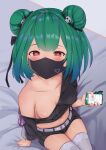  1girl absurdres bangs bed bed_sheet belt black_ribbon black_shorts blue_hair blush breasts cellphone collarbone commentary_request double_bun earrings gradient_hair green_hair hair_ornament hair_ribbon heart heart-shaped_pupils highres holding holding_phone hololive jewelry kusana_(dudqja602) looking_at_viewer mask mouth_mask multicolored_hair navel phone ribbon short_hair short_shorts shorts skull_earrings skull_hair_ornament small_breasts smartphone solo symbol-shaped_pupils thigh-highs uruha_rushia virtual_youtuber white_legwear 