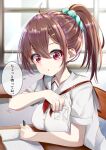  1girl absurdres ahoge bangs blurry blurry_background blush book breasts brown_hair eyebrows_visible_through_hair hair_between_eyes hair_ornament hairclip hand_in_pocket hand_up highres holding holding_pen large_breasts long_hair looking_at_viewer original parted_lips pen ponytail red_eyes school_uniform shirt short_sleeves sitting solo speech_bubble takemura_kou translation_request uniform 