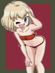  1girl ;d bangs bare_shoulders bikini blonde_hair blue_eyes bob_cut border commentary fang flat_chest girls_und_panzer green_border hand_in_hair hand_on_own_knee katyusha_(girls_und_panzer) leaning_forward looking_at_viewer navel one_eye_closed open_mouth outline outside_border red_background red_bikini short_hair smile solo standing strapless strapless_bikini swimsuit takahashi_kurage textless thigh_gap white_outline 