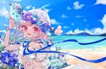  1girl :d adjusting_clothes adjusting_headwear alternate_costume arm_up bare_arms bare_shoulders beach blue_flower blue_neckwear blue_sky blush bracelet clouds commentary dangan_ronpa_(series) dangan_ronpa_2:_goodbye_despair dot_nose dress flipped_hair flower frilled_dress frills happy hat hat_flower highres jewelry looking_at_viewer looking_back mountainous_horizon nanami_chiaki necktie ocean open_mouth osshouri55 outdoors pink_eyes pink_hair purple_flower ribbon sky smile solo sun_hat upper_body white_dress white_headwear 