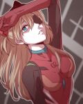  1girl arm_up blue_eyes bodysuit breasts brown_hair eyepatch highres long_hair looking_up neon_genesis_evangelion parted_lips plugsuit red_bodysuit shikinami_asuka_langley small_breasts solo souryuu_asuka_langley yamada_kc 
