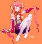  1girl bangs black_eyes blush bow check_copyright copyright_request dated gloves heart knees_up long_hair looking_at_viewer orange_background original pink_hair red_bow red_gloves ruu_wan_mm scepter signature simple_background smile solo twintails very_long_hair 