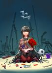  1girl absurdres bad_proportions ball bangs black_hair blunt_bangs bouquet dangan_ronpa_(series) dangan_ronpa_v3:_killing_harmony dated flower gun hair_ornament hairclip handgun happy harukawa_maki highres holding holding_flower katana long_hair looking_at_viewer machete machine_gun mole mole_under_eye pantyhose pistol qianhai red_eyes red_flower red_rose red_scrunchie red_shirt rose school_uniform scrunchie seiza serafuku shirt sitting skirt smile soccer_ball solo stuffed_animal stuffed_toy sword symbol_commentary teddy_bear twintails very_long_hair weapon 