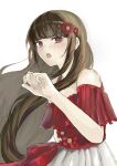  1girl :o arm_at_side bangs bare_arms bare_shoulders blunt_bangs blush brown_eyes brown_hair collarbone commentary_request dangan_ronpa_(series) dangan_ronpa_10th_anniversary_costume dangan_ronpa_v3:_killing_harmony dress eyebrows_visible_through_hair flower from_side hair_flower hair_ornament hand_up harukawa_maki highres long_arms long_hair looking_at_viewer mole mole_under_eye off-shoulder_shirt off_shoulder official_alternate_costume open_mouth red_dress red_eyes red_flower red_shirt rorishin shirt short_sleeves simple_background solo twintails upper_body very_long_hair white_background 