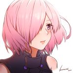  1girl armored_leotard bangs bare_shoulders black_leotard blush commentary_request eyebrows_visible_through_hair fate/grand_order fate_(series) hair_over_one_eye kosumi leotard looking_away mash_kyrielight parted_bangs pink_hair revision short_hair signature simple_background solo upper_body violet_eyes white_background 