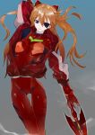  absurdres bangs blue_eyes bodysuit bodysuit_under_clothes evangelion:_3.0_you_can_(not)_redo eyepatch hair_between_eyes highres holding holding_weapon huge_filesize ikurauni interface_headset jacket light_brown_hair long_hair neon_genesis_evangelion pilot_suit plugsuit polearm rebuild_of_evangelion red_bodysuit red_jacket shikinami_asuka_langley souryuu_asuka_langley spear track_jacket weapon 