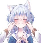  1girl :3 animal_ear_fluff animal_ears bangs blue_hair blush cat_ears cat_girl cheek_pinching closed_eyes gawr_gura hands_on_own_face haskyyyyy1 highres hololive hololive_english hood hoodie long_hair multicolored_hair pinching shark_girl silver_hair simple_background smile streaked_hair virtual_youtuber white_background white_hair 