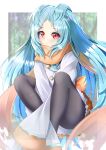  1girl absurdres bangs black_legwear blue_hair blurry blurry_background blush brown_scarf eyebrows_visible_through_hair eyes_visible_through_hair highres knees_up long_hair long_sleeves looking_at_viewer miyako_(princess_connect!) pantyhose parted_bangs princess_connect! princess_connect!_re:dive red_eyes scarf signature sitting skirt sleeves_past_fingers sleeves_past_wrists solo takemura_kou thighs two_side_up very_long_hair wide_sleeves 