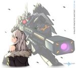  1girl animal_ear_fluff animal_ears black_jacket botanx character_name ear_piercing english_commentary fur_trim fusion gun gundam gundam_build_divers gundam_build_divers_re:rise gundam_unicorn highres holding holding_gun holding_weapon hololive hood hooded_jacket horns jacket lion_ears logo_parody looking_back mecha off_shoulder parody piercing pinguinkotak rifle science_fiction shishiro_botan single_horn smile sniper_rifle title_parody unicorn_gundam_banshee virtual_youtuber visor weapon 