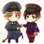  2boys axis_powers_hetalia bangs black_footwear blonde_hair blush boots brown_eyes brown_hair chibi closed_mouth coat floral_background flower green_eyes hat himaruya_hidekazu_(style) holding_hands jacket japan_(hetalia) japanese_clothes kuro long_sleeves male_focus military military_hat military_uniform multiple_boys necktie pants pink_flower simple_background sword uniform united_kingdom_(hetalia) weapon 