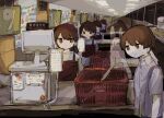  1boy 4girls bangs brown_eyes brown_hair commentary_request expressionless ghost highres medium_hair multiple_girls original ponytail shopping_basket short_hair spring_onion surreal sweatdrop vanishing_point wbmura 