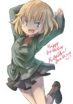  1girl arms_up artist_name bangs birthday black_footwear black_legwear black_skirt blonde_hair blue_eyes blush_stickers bob_cut character_name dated fang girls_und_panzer green_jacket happy_birthday highres insignia jacket jumping katyusha_(girls_und_panzer) kuroneko_douji legs_up long_sleeves looking_at_viewer miniskirt open_mouth pleated_skirt pravda_school_uniform red_shirt school_uniform shirt shoes short_hair signature simple_background skirt smirk socks solo turtleneck v-shaped_eyebrows white_background 