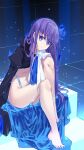  1girl absurdres bangs barefoot blue_eyes blue_ribbon blush breasts cropped_jacket fate/extra fate/extra_ccc fate_(series) feet hair_ribbon highres legs long_hair long_sleeves looking_at_viewer meltryllis mo_(pixiv9929995) navel purple_hair ribbon sitting sleeves_past_fingers sleeves_past_wrists small_breasts smile very_long_hair 