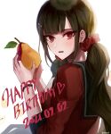  16_(0xhsk16) 1girl bangs blunt_bangs blush bracelet commentary_request dangan_ronpa_(series) dangan_ronpa_v3:_killing_harmony dated ear_piercing earrings eyebrows_visible_through_hair food from_side fruit hair_ornament hair_scrunchie hairclip happy_birthday harukawa_maki heart highres holding holding_food holding_fruit jewelry long_hair long_sleeves looking_at_viewer looking_to_the_side mole mole_under_eye open_mouth piercing red_eyes red_scrunchie red_shirt school_uniform scrunchie shirt simple_background solo twintails upper_body white_background 