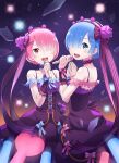  2girls :d alternate_costume bangs blue_bow blue_eyes blue_hair blunt_bangs bow collarbone dress flower hair_bow hair_flower hair_ornament hair_over_one_eye highres holding holding_microphone looking_at_viewer microphone multiple_girls official_art open_mouth pink_bow pink_hair purple_bow purple_dress purple_flower ram_(re:zero) re:zero_kara_hajimeru_isekai_seikatsu red_eyes rem_(re:zero) shiny shiny_hair short_hair shoulder_blades siblings sisters sleeveless sleeveless_dress smile striped striped_bow 