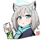  1girl animal_ears blue_archive blue_eyes commentary_request cross_hair_ornament fox_ears gloves grey_hair hair_ornament junsuina_fujunbutsu looking_at_viewer phone pointing portrait scarf school_uniform shiroko_(blue_archive) short_hair simple_background solo white_background 