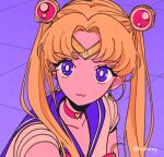  1girl bangs bishoujo_senshi_sailor_moon blonde_hair blue_eyes blue_sailor_collar bright_pupils choker crescent crescent_earrings derivative_work diadem earrings hair_over_shoulder heart heart_choker jewelry looking_at_viewer myon_(tokipi) parted_bangs red_choker sailor_collar sailor_moon sailor_moon_redraw_challenge screencap_redraw solo tsukino_usagi twintails upper_body white_pupils 