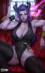  1girl bare_shoulders belt blue_eyes breasts chair choker commission earrings english_commentary final_fantasy final_fantasy_xiv heterochromia hibren highres horns jewelry large_breasts leotard long_hair looking_at_viewer muscular muscular_female parted_lips purple_hair scar sitting sleeveless solo teeth thigh-highs violet_eyes 