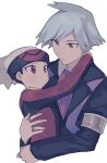  2boys arm_around_shoulder armlet bangs beanie black_jacket brendan_(pokemon) carrying closed_mouth collared_shirt commentary_request expressionless eye_contact grey_eyes grey_hair grey_headwear hat jacket jewelry long_sleeves looking_at_another male_focus multiple_boys oshi_taberu pokemon pokemon_adventures purple_neckwear red_eyes red_jacket ring shirt spiky_hair steven_stone sweatdrop white_background 
